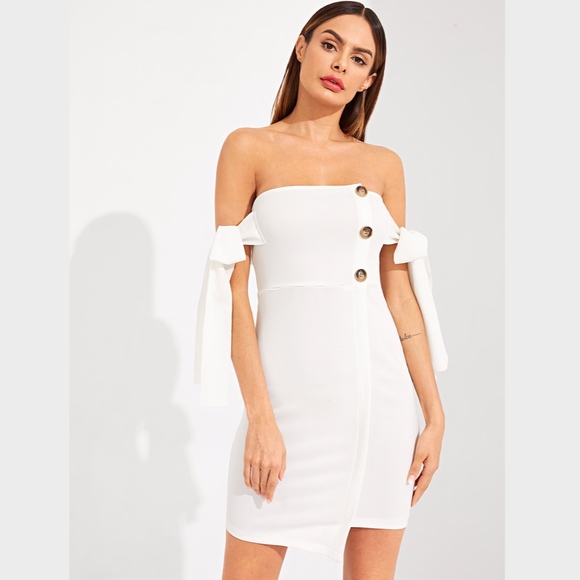 Buttoned Front Ties Off Shoulders Wrap Dress White - Picture 2 of 8